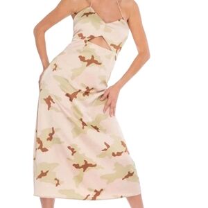 AFRM Radish Satin Midi Slip Dress Camo Halter Gown Brown Green XL